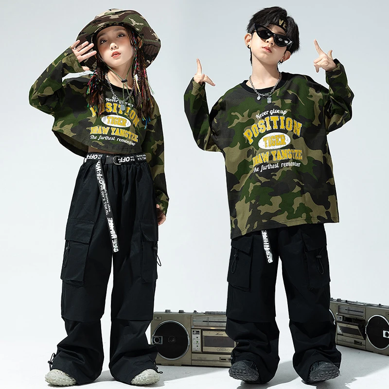 Ropa de Hip Hop para niños, disfraz de baile de Jazz, Tops de camuflaje de manga larga, pantalones Cargo negros, ropa de rendimiento para adolescentes, ropa de Rave