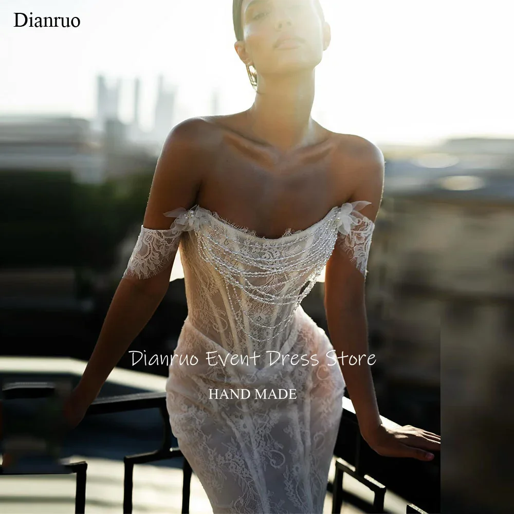 

Dianruo Beaded Chains Off The Shoulder Wedding Dresses Lace Sweep Train Vestido De Noiva Charming Mermaid Bride Gowns Customized