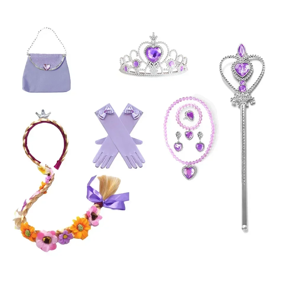 Rapunzel Princess Accessories Gloves Wand Crown Jewelry Set  Kid Wig Necklace Braid for Princess Dress Clothing Cosplay Dress UP