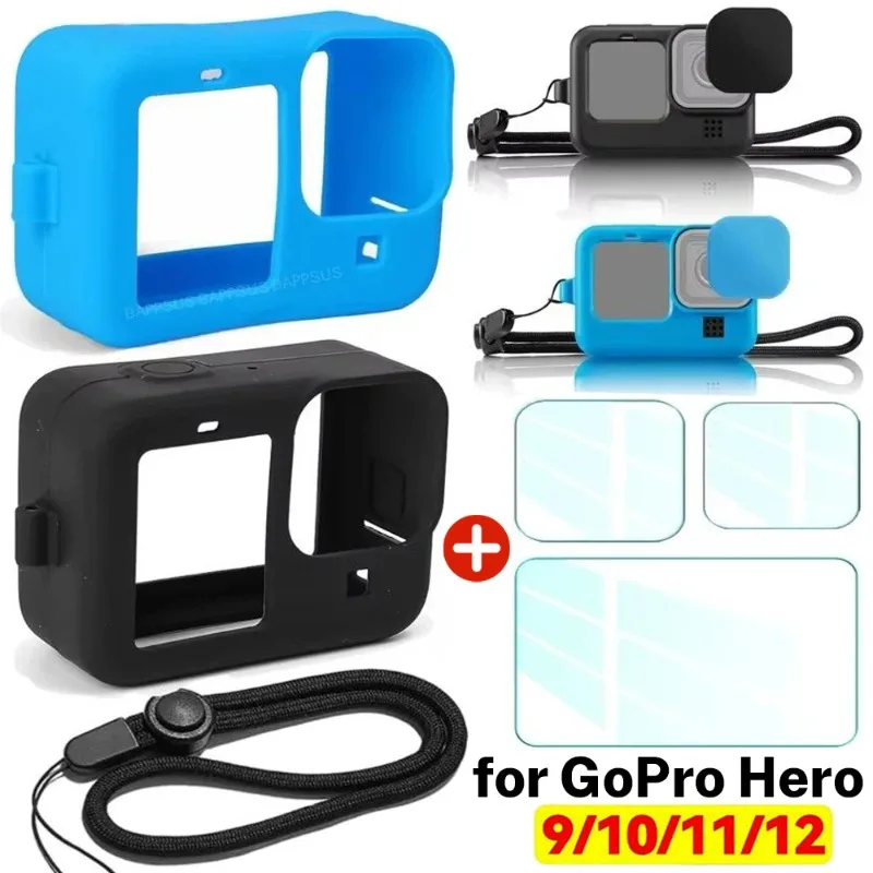 For GoPro Hero 12 11 10 9 Silicone Case Protective Sleeve Lanyard Tempered Glass Screen Protector Lens Cap for GoPro12 Pro11 10