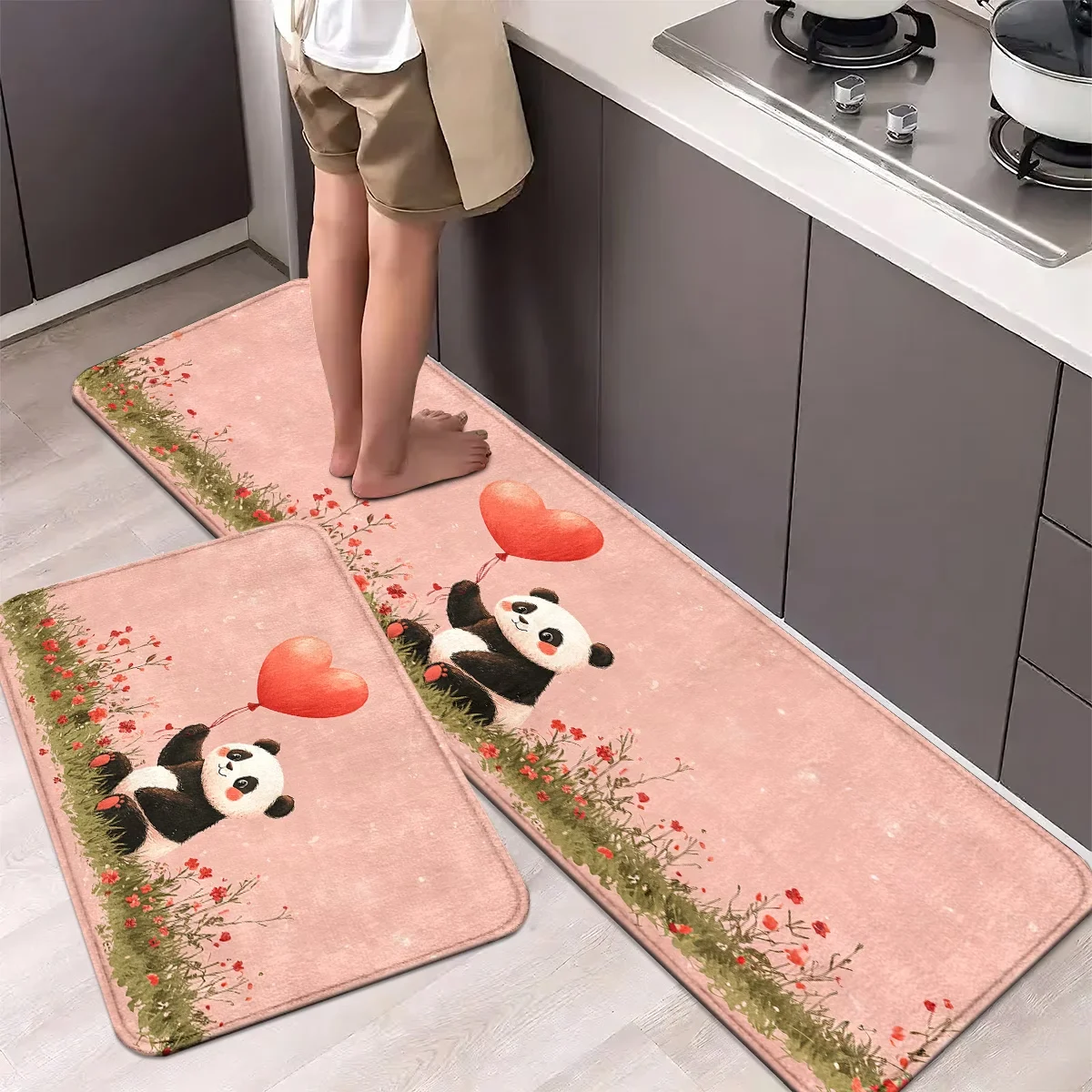 Panda Herz Ballon Küchenmatten-Set, Rutschfeste Polyester-Strickmatte, Maschinenwaschbar, Komfortabler Steh-Teppich für Zuhause und Büro