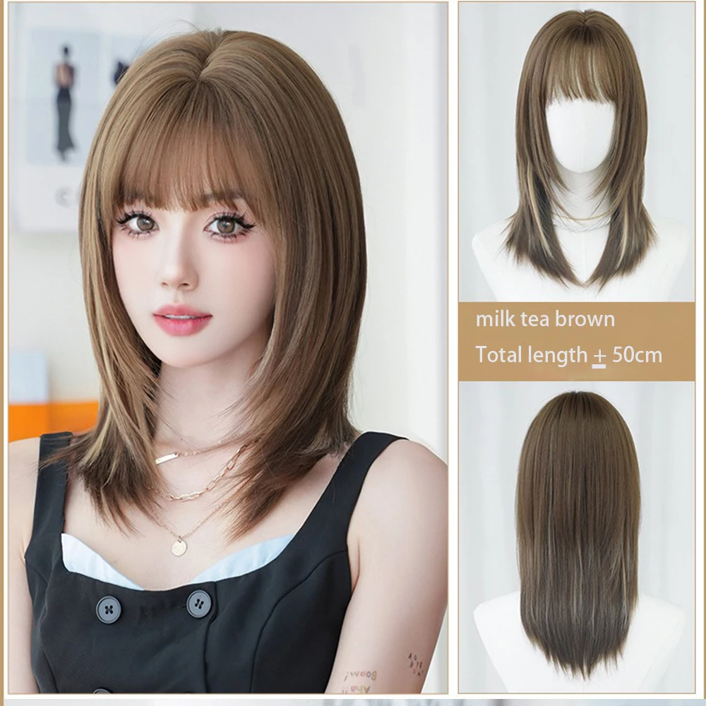 

Milk Tea Brown Natural Synthetic Wig with Bangs Medium Long Straight Hair with for Women Daily Party Use Heat Resistant Wig