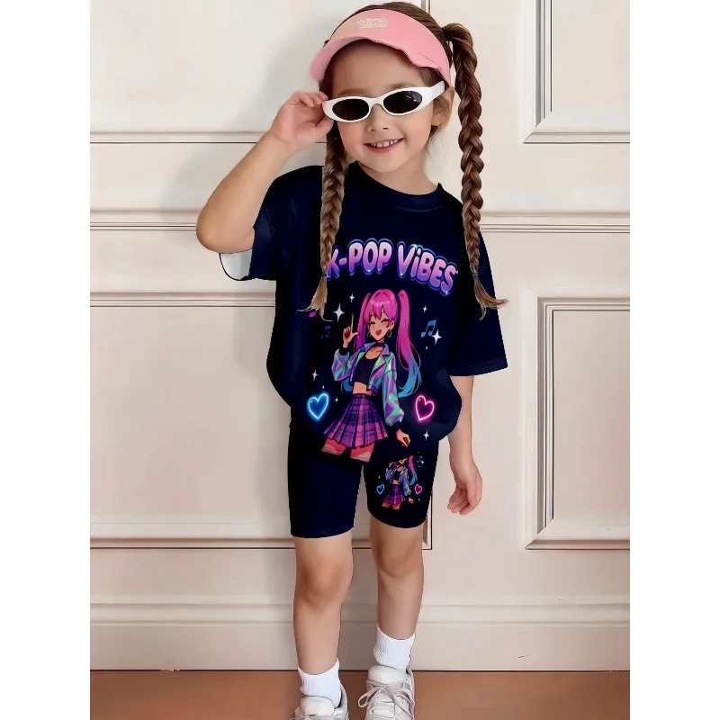 K-Pop Vibes Cute Anime Girl Printed Casual 2PCS Set T-shirt and Shorts, Suitable for K-Pop Enthusiasts Birthday Gift Casual Set