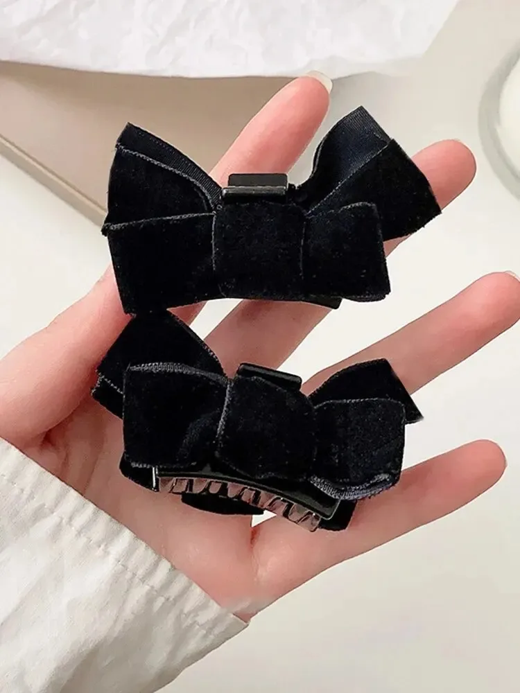 2pcs Black Bow Small Grab Clip Women's Autumn And Winter Vintage Velvet Bangle Clip Hair Clip Style Princess Hair Clip Headwear image 5