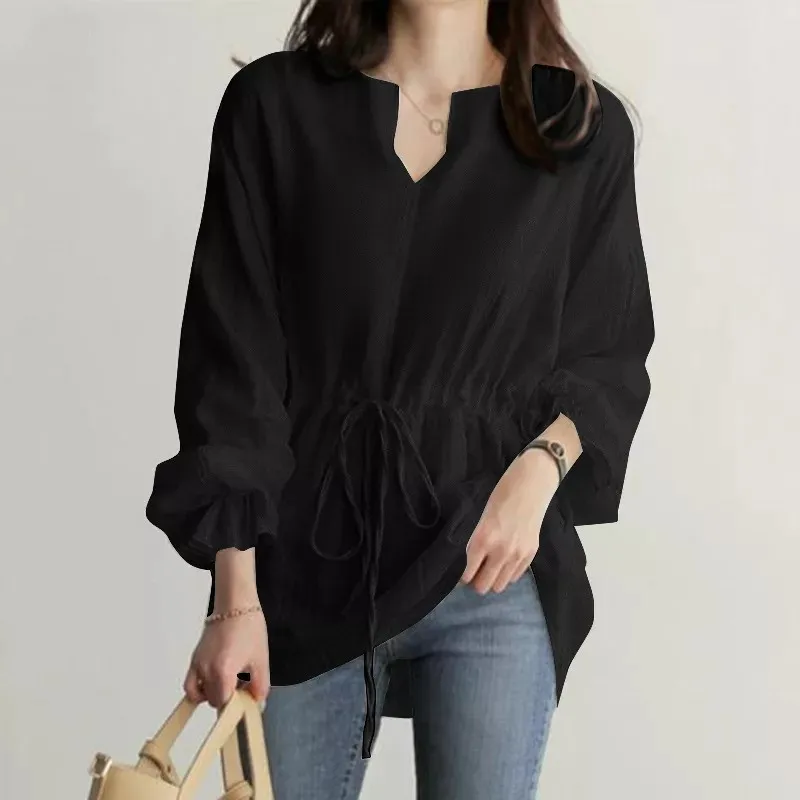 Women's Long Sleeved V-neck Shirt Autumn Pullover Drawstring Waist Solid Color New Top Loose Casual 2024 Women's Fashion Blouse