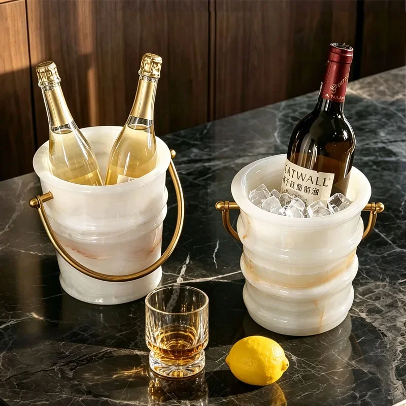 White Onyx Natural Marble Ice Bucket with Metal Handle Luxury Wine Champagne Cooler Bucket Wine Chiller for Bar Party Home Decor