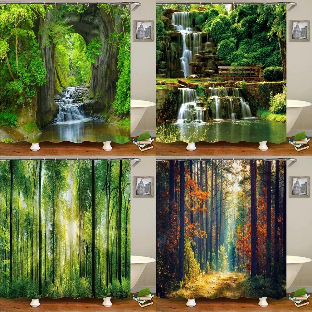 Modern 3D Printing Forest Shower Curtain Green Plant Tree Landscape Bath  With Hooks For Bathroom waterproof scenery