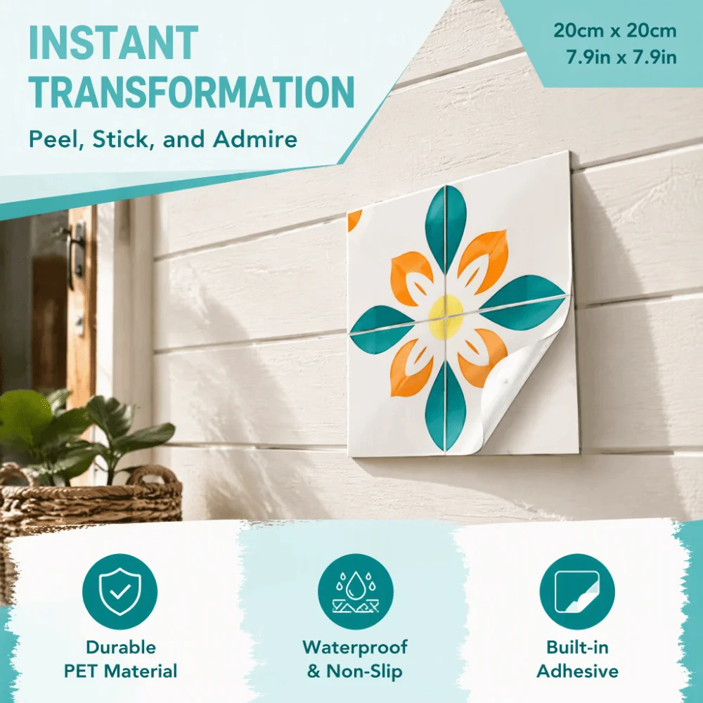 20Pcs Durable PET Wall Sticker Non-Slip 20x20cm Tile Sticker Waterproof Self-Adhesive Ceramic Tile Sticker Home Decoration