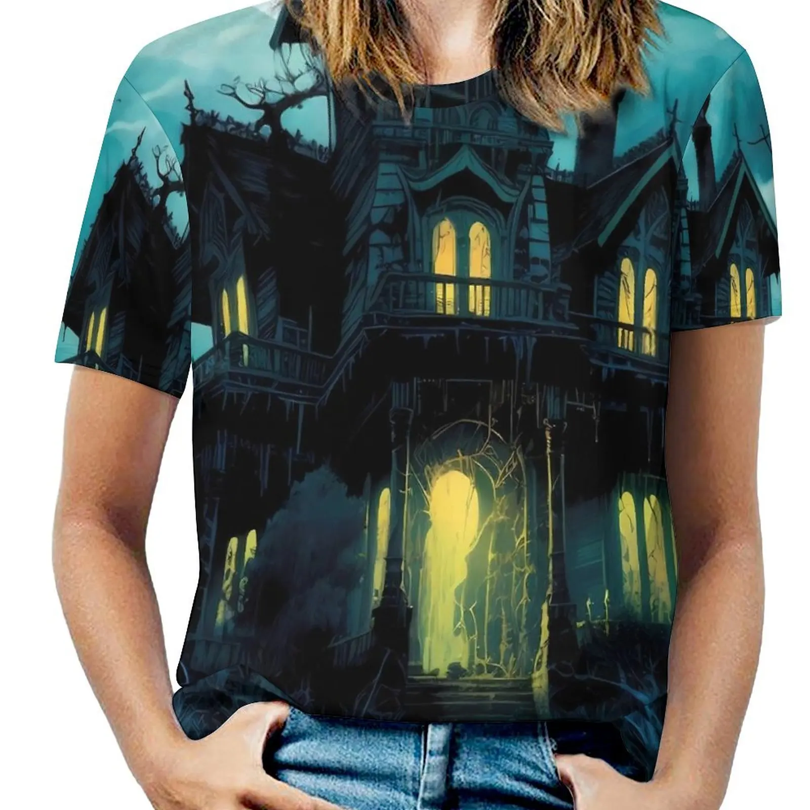 Women T Shirt Haunted Mansion O Neck T Shirts Short Sleeves Halloween Print Cool Design Tshirt Classic Tees Big Size 4XL 5XL