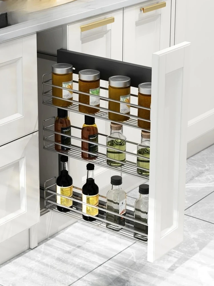 narrow cabinets, pull baskets, space aluminum, glass drawers, side pull-downs, small seasoning baskets, and seam shelves