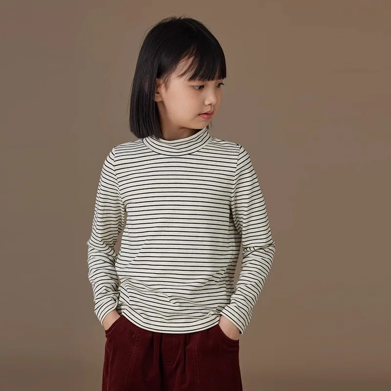 

Childern's Long-sleeves Undershirt Gril's High Quality Cute Top with Striped Stand Collar Shirt for Kid Grils and Boys