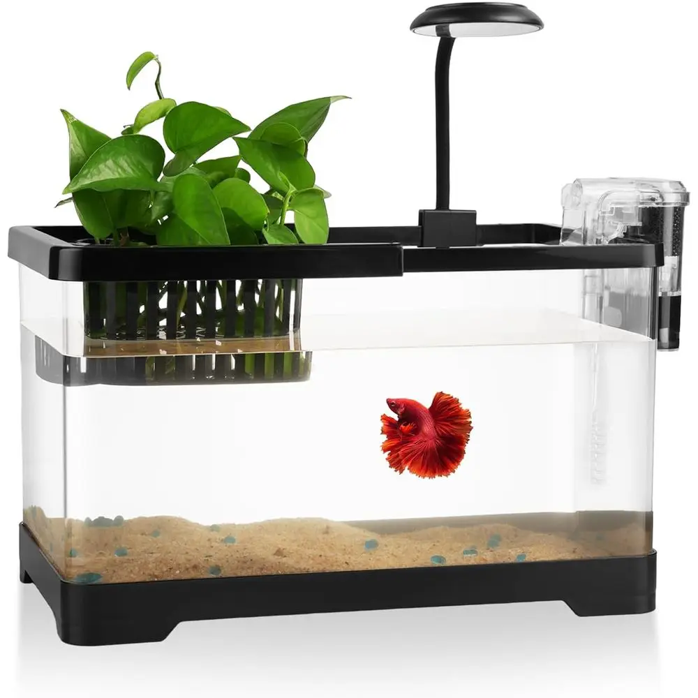

1.8 Gallon Aquarium Kit - Clear Small Fish Bowl Starter with LED Light, Water Filter Pump, Hydroponic Basket