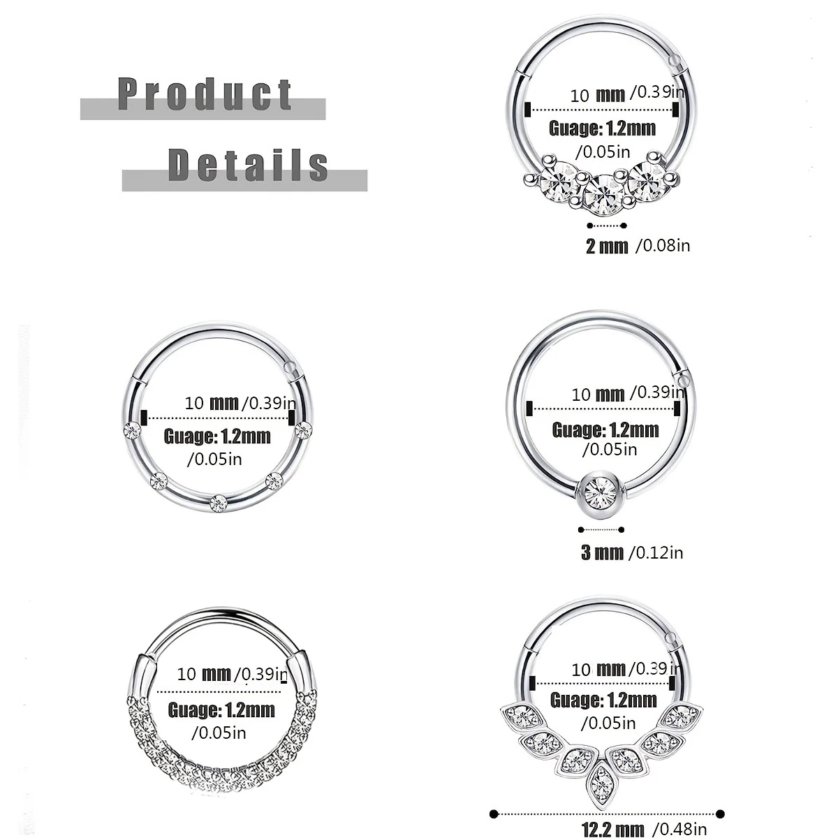 1-5 Stück 16G Mode 316L Edelstahl CZ Scharnier Septum Clicker Nasenring Ringe, Daith Helix Tragus Knorpel Piercing Schmuck – Detail 4
