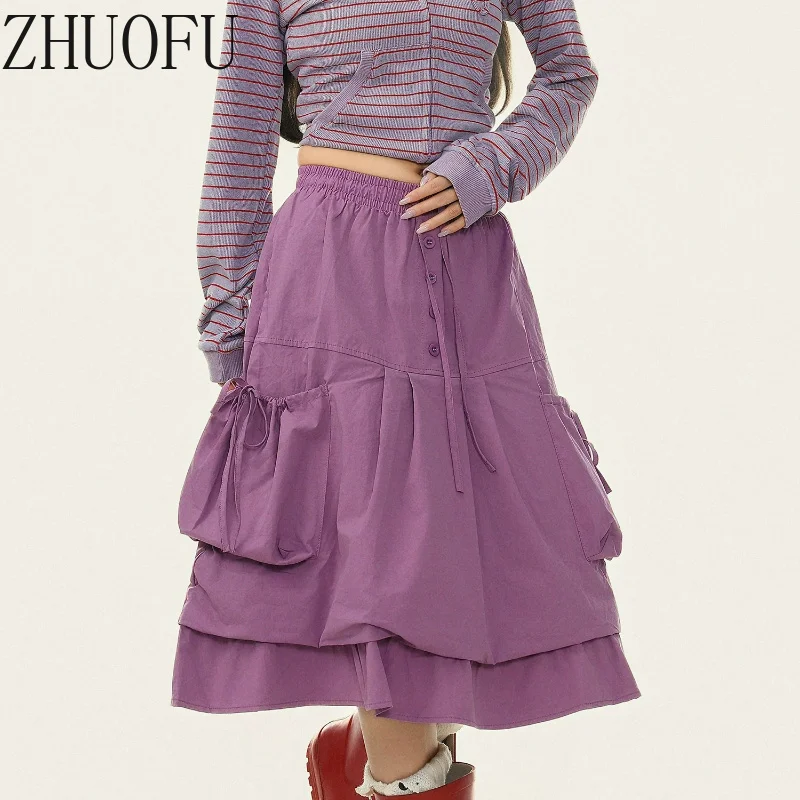 Korean Sweet Style Design Women's Mid-length Skirt Autumn New Purple Tie Loose Y2k Versatile Flower Bud A-Line Skirts Ladies