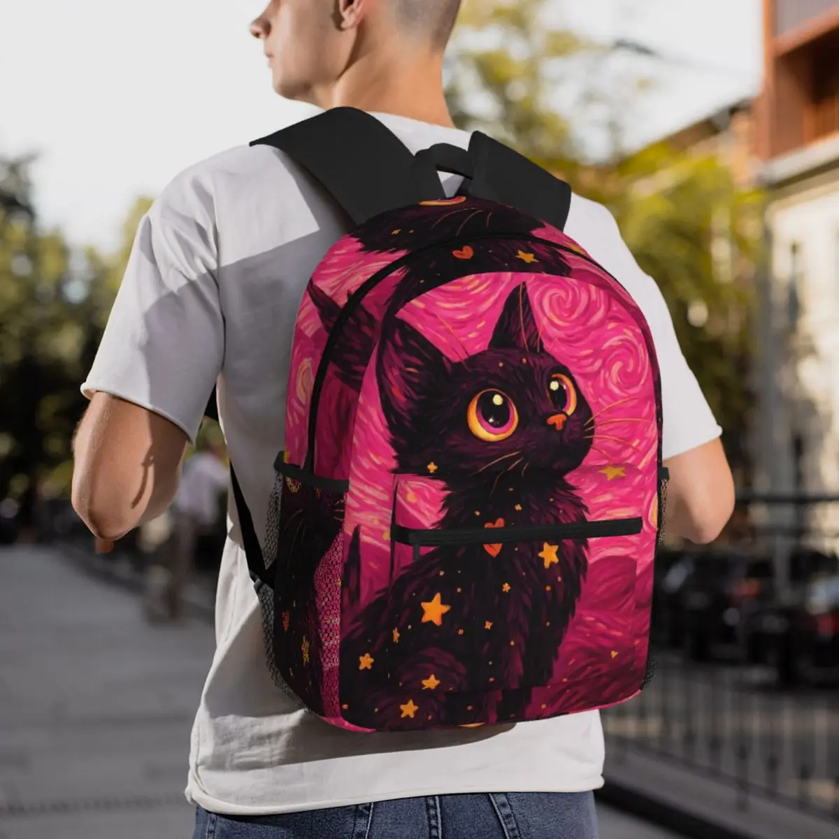 Van Gogh Black Cat Print Oil Painting The Starry Night Backpack Daypack Boys Girl BookBag School Bag Shoulder Bags for Men Women