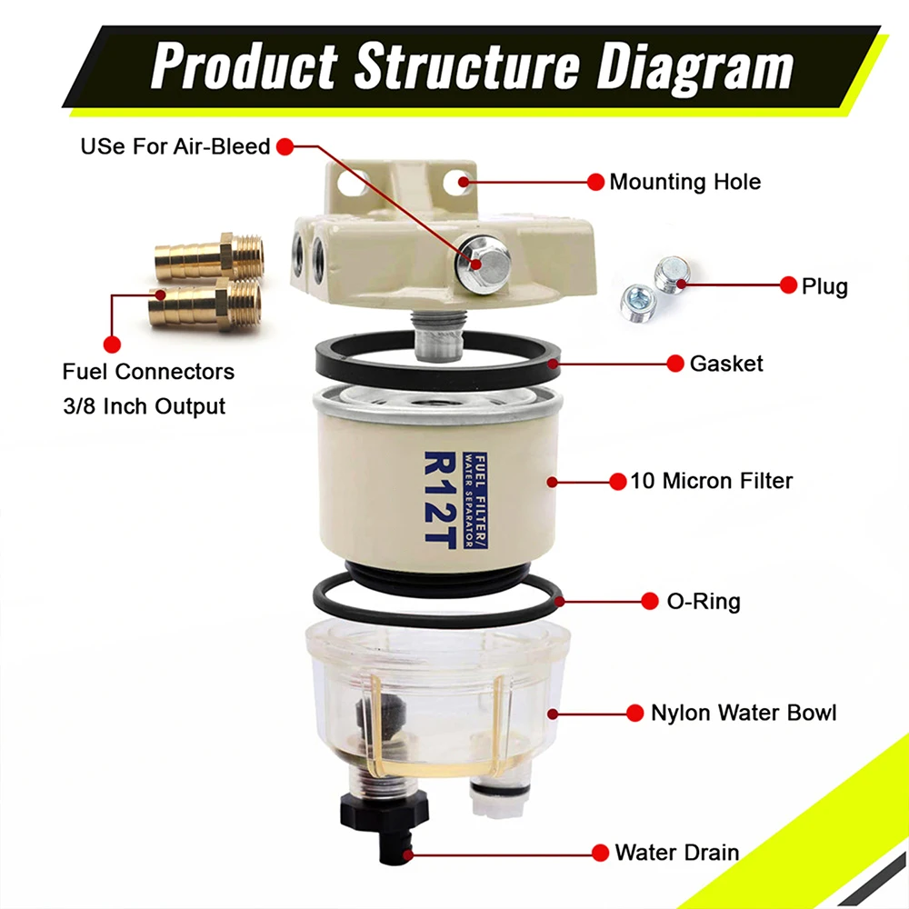 1 Pcs Fuel Filter R12T Fuel/ Water Separator Complete Assembly Filter diesel engine for Racor 120ad 140 Series Automotive OCC057
