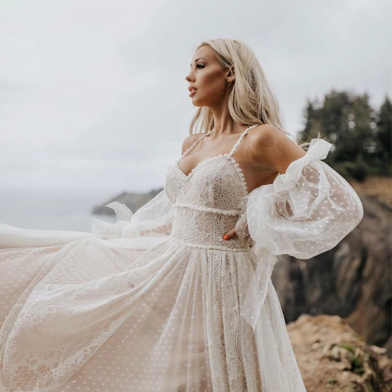 Boho cintas de espaguete vestido de casamento de elopement sem costas espartilho polka pontilhada rendas mangas compridas destacável sem costas vestido de noiva