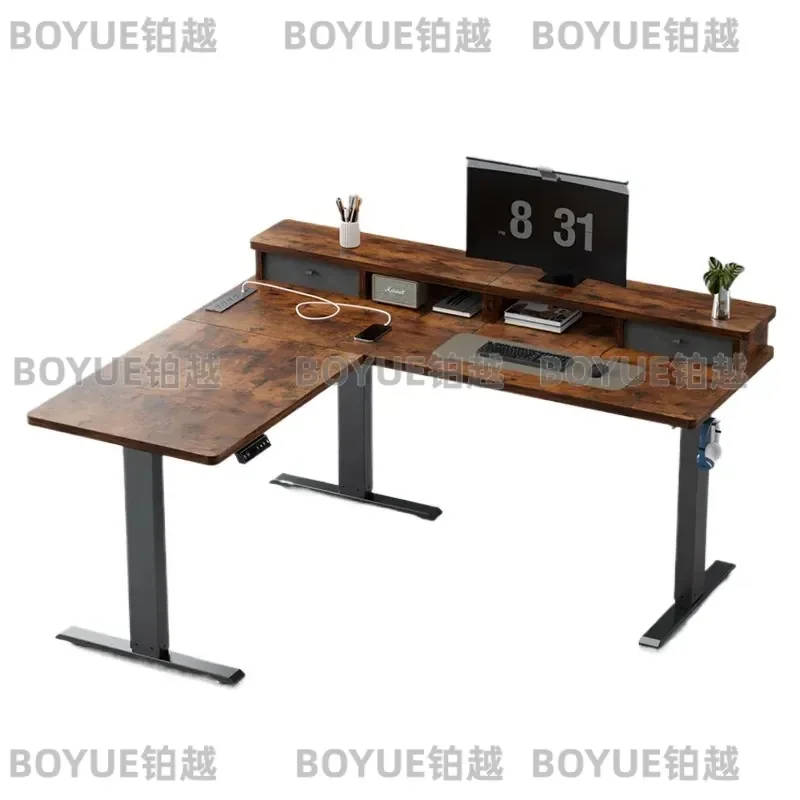 L Shaped Electric Standing Desk Dual Motor Adjustable Height Corner Computer Workstation with Storage Drawers for Home Office