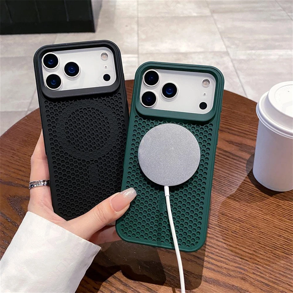Warmteafvoer Mesh Voor Magsafe Draadloos Opladen Oranje Case Voor iPhone 17 16 15 14 Plus 13 12 Pro Max lucht Ademend Cover
