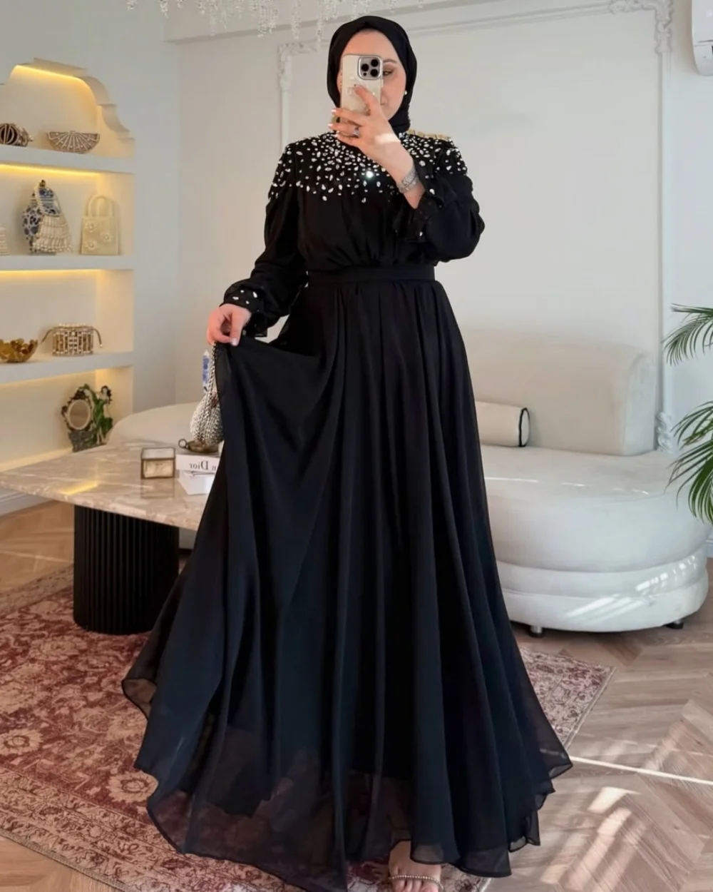

Customized Modern Style Elegant Chiffon Rhinestone Pleat A-line High Collar Long Dresses Bespoke Occasion Dresses Formal Fashion