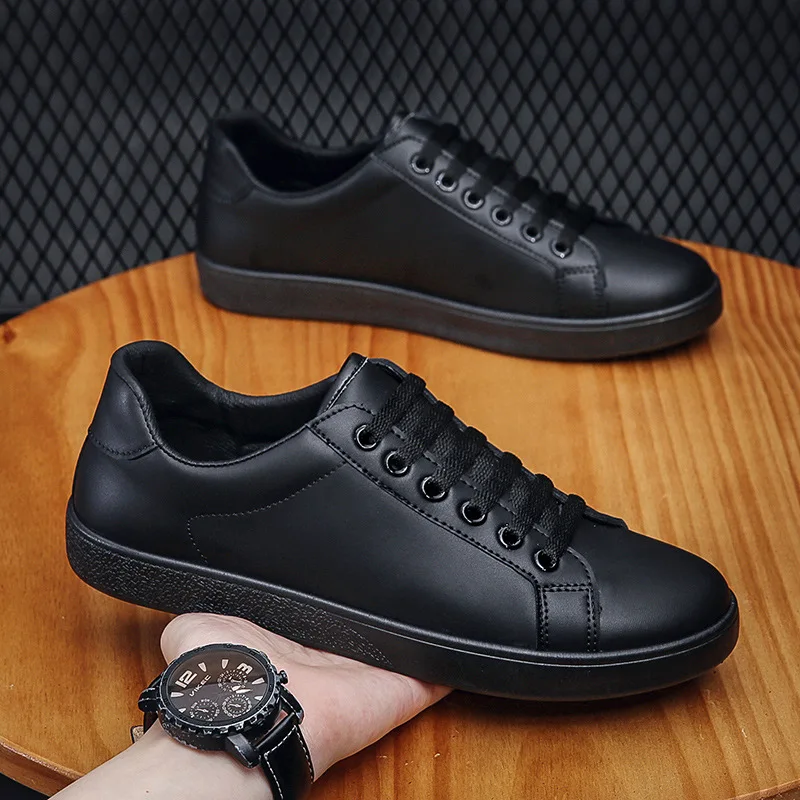 

Classic black and white leather sneakers for males casual tie-up sport shoes brand leisure tenis shoes plus size mens shoes