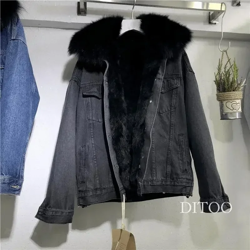 Abrigo de mezclilla de piel sintética para mujer, cuello desmontable, piel de conejo de imitación, chaqueta acolchada, chaqueta de un solo pecho,