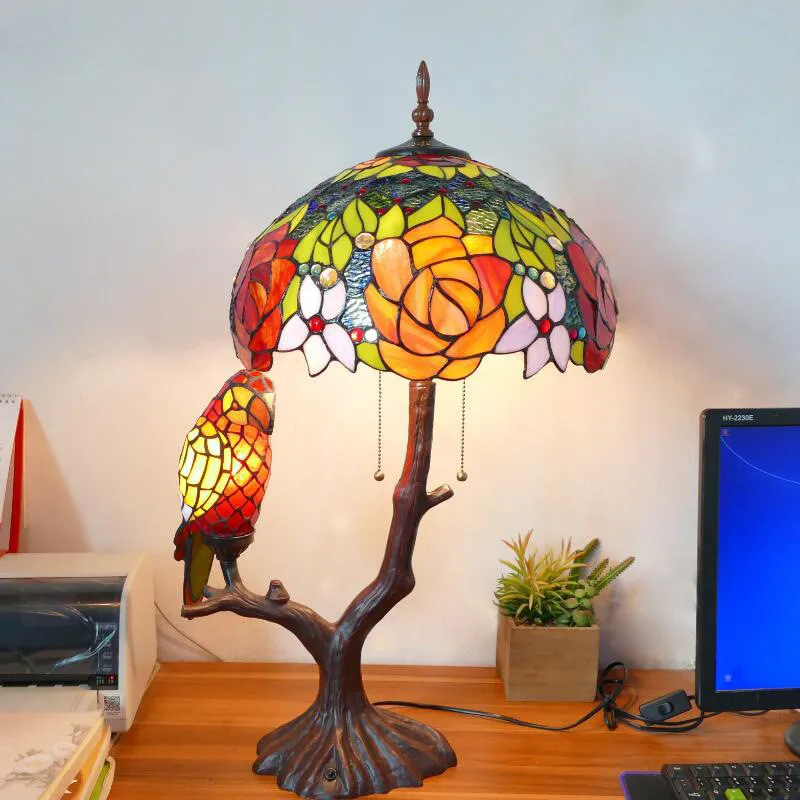 Tiffany Parrot Table Lamp Fancy Living Room Bar Restaurant Luxury Vintage Standing Night Light D31101