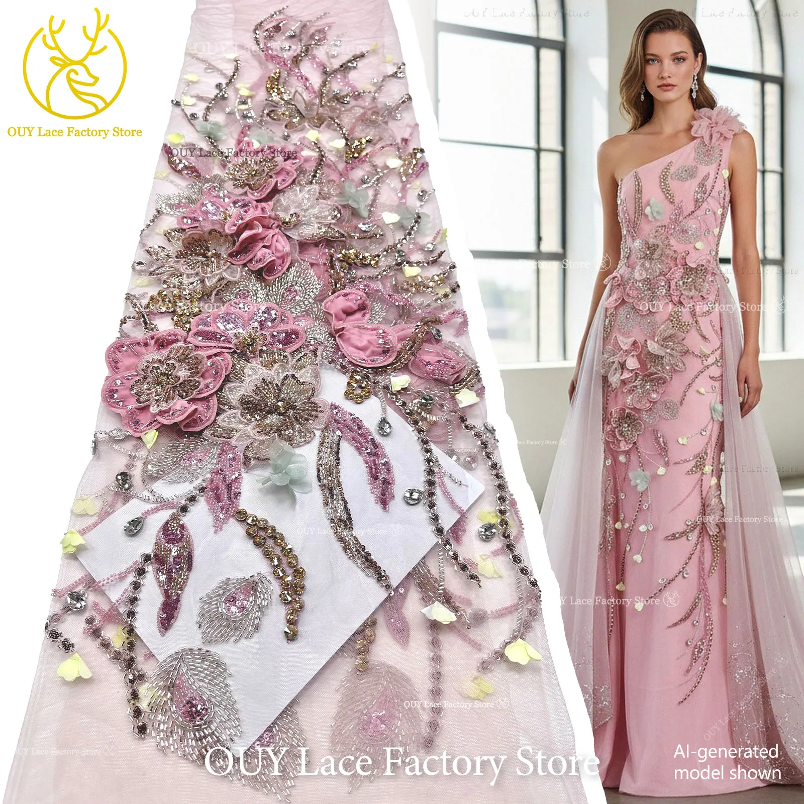 

High-End Handmade Custom French 3D Embroidery Flower Gemstone Lace Fabric African Beaded Sequins Lace For Wedding Dress Sewing
