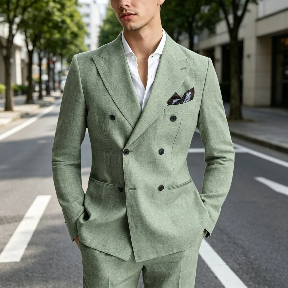 

Sage Green Prom Suits For Men 2 Pieces Linen Summer Men Suits Slim Fit Casual Formal Outfit Blazer Pants Set For Party