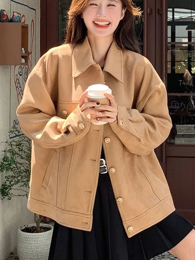 Women Streetwear Faux Suede Jacket Vintage American Loose Long Sleeve Y2K Coat Casual Female Fall Winter New Pockets Gothic Tops