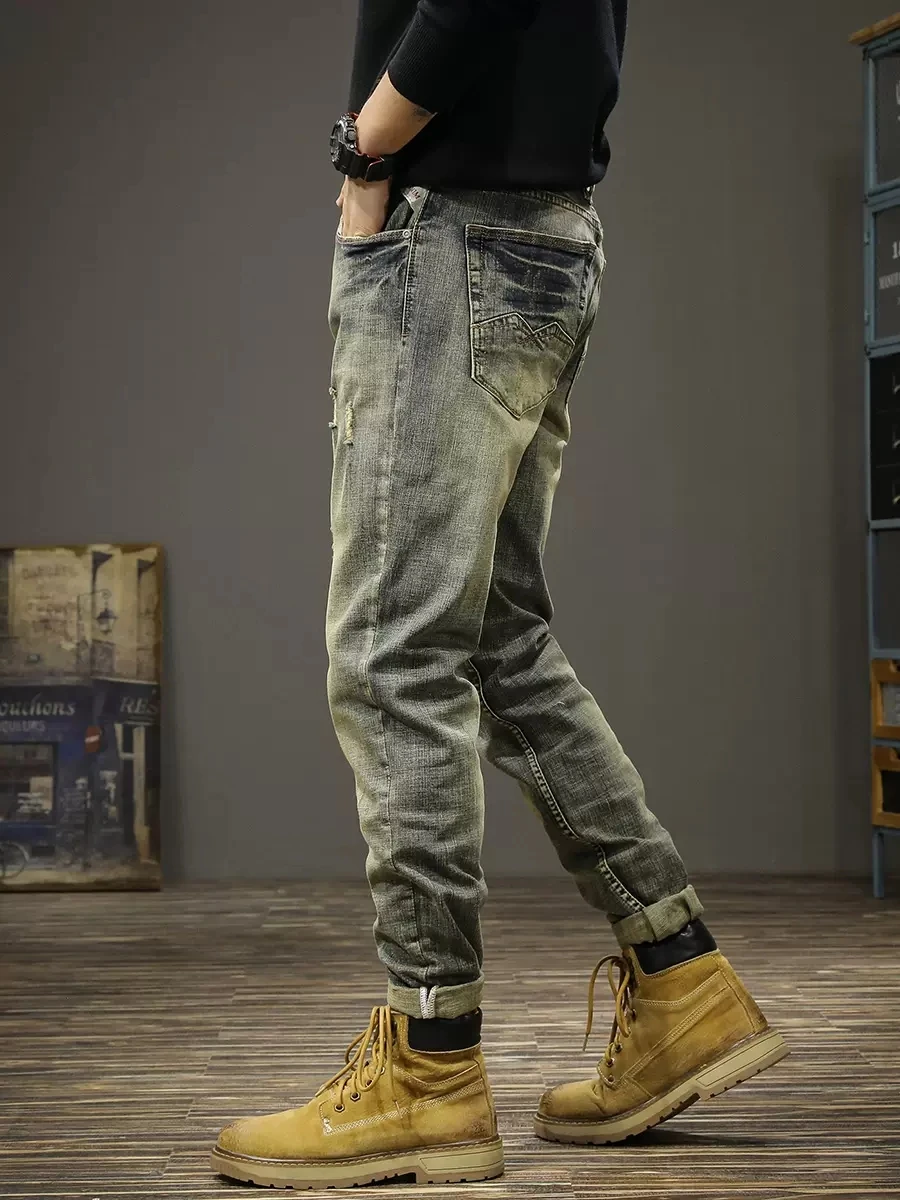 Italian Style Fashion Men Jeans Retro Yellow Blue Stretch Slim Ripped Jeans Men Elastic Trousers Vintage Designer Pants Hombre