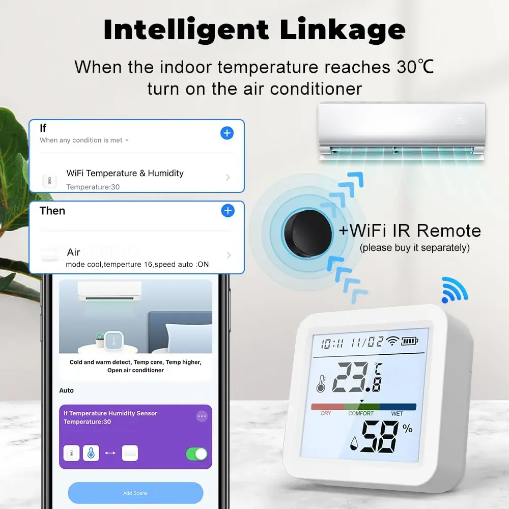 Tuya sensor suhu dan kelembapan Bluetooth pintar, 2.4G WiFi dengan lampu latar besar layar LCD peringatan aplikasi peringatan pemberitahuan