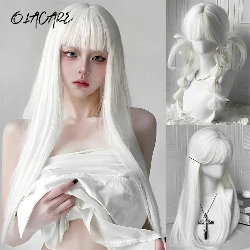 

White Grey White Long Straight Synthetic Wigs for Women Cosplay Party Fake Hair with Bangs White Wig HighTemperature LM
