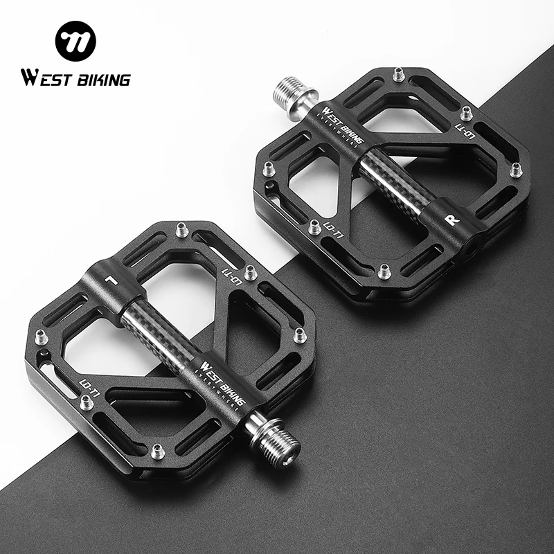 WEST BIKING Ultralight MTB Pedals 3 Bearings Bicycle Titanium Alloy Axle Flat Pedals Carbon Fiber Sleeve Road Bike Pedals LD-T1