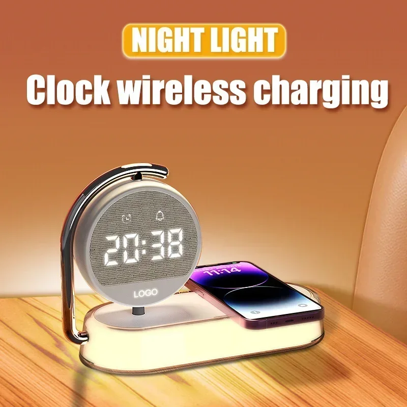 LED Night Light 3 Lights 360° Rotate Clock Alarm Clock Desktop Mobile Phone Wireless Charger for Bedroom Smart Phones Room Decor