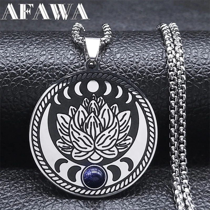 Witch Lotus Flower Crescent Moon Phases Necklace for Women Men Stainless Steel Silver Color Pagan Wicca Chain Jewelry N9607S02