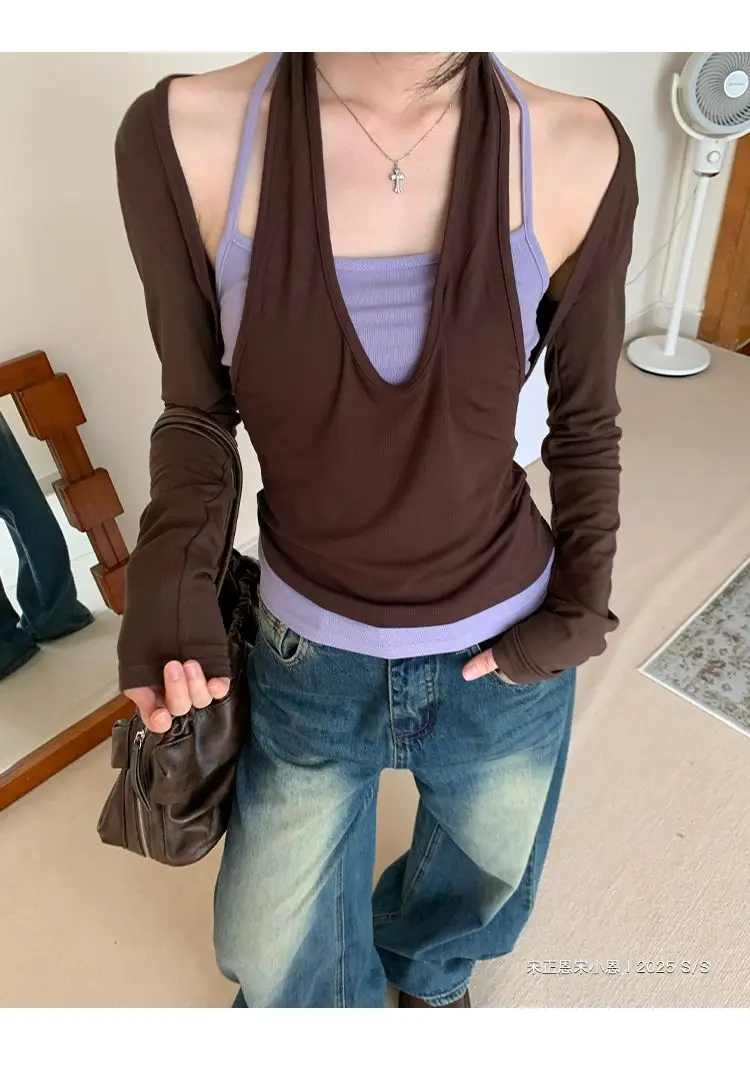 

Purple Coffee Fake Two-piece Suspender Vest Women's New Fashion Top