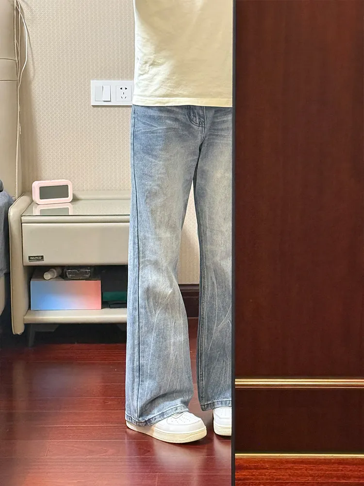 American Style Lightning Pattern Bell Bottom Jeans Men High Street Vibe Clean Fit Extended Slim Straight Leg Pants