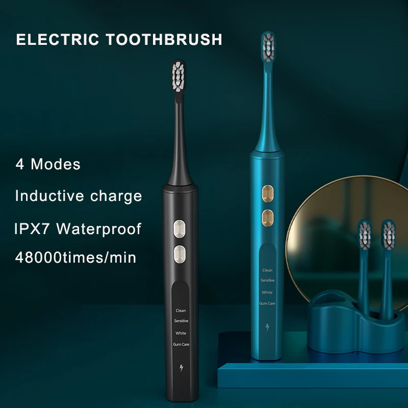 

Fashion Ultrasonic Electric Toothbrush Inductive Charging Adults 4Mode Sonic Toothbrush IPX7 Waterproof with 2 Replacement Heads