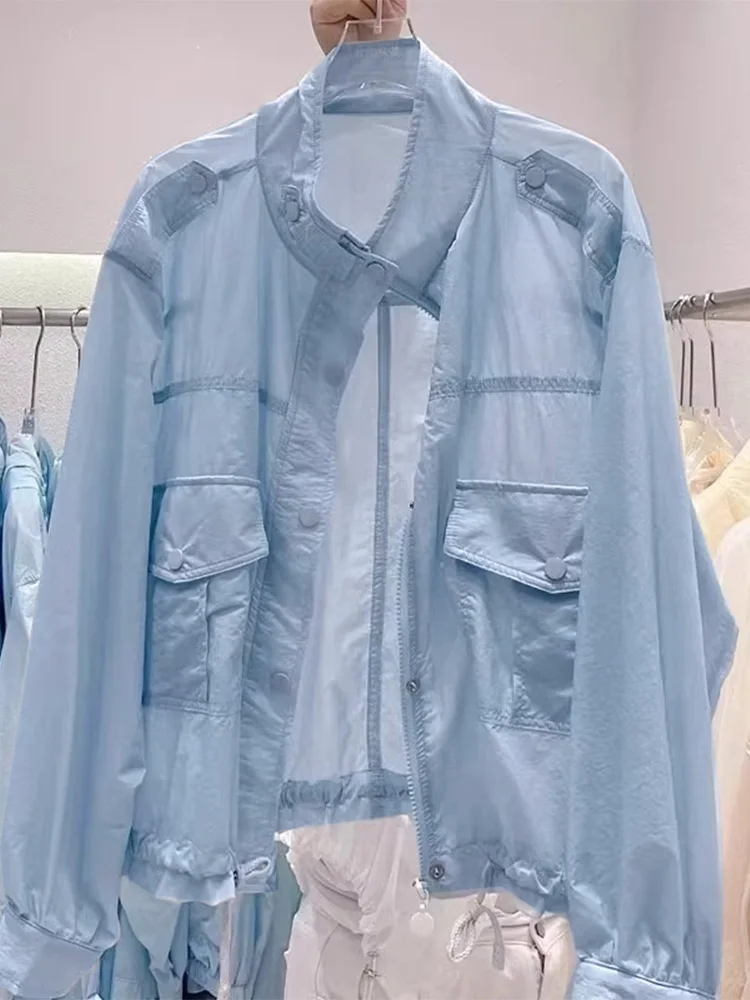 Casaco Casual Leve de Verão para Mulheres em Seda Gelada com Proteção UV, Estilo Novo com Gola  e F de Zíper de Manga...