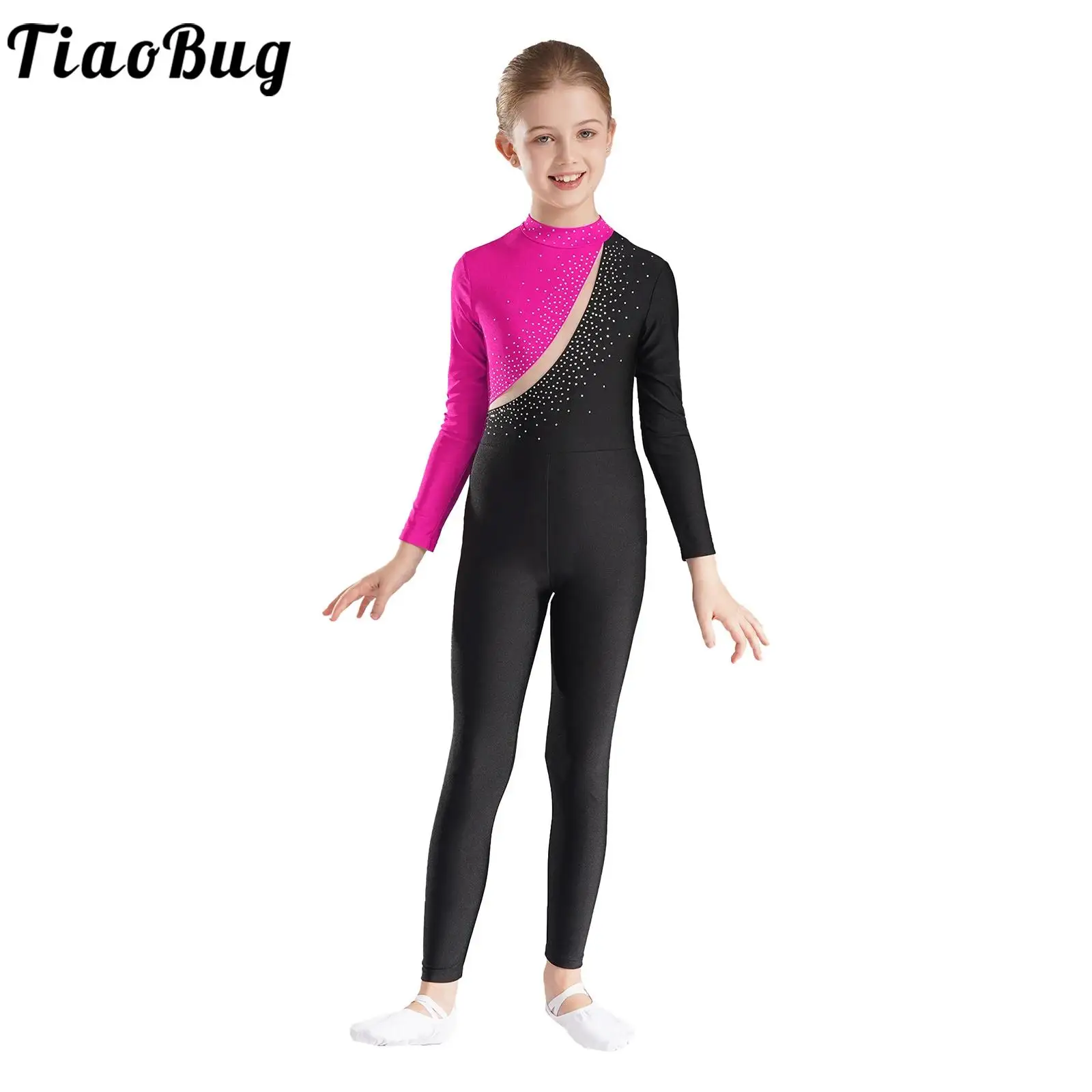 

Children Kids Girls Gymnastics Figure Skating Jumpsuit Sparkly Rhinestone Color Block Long Sleeve Leotard for Sport Competition