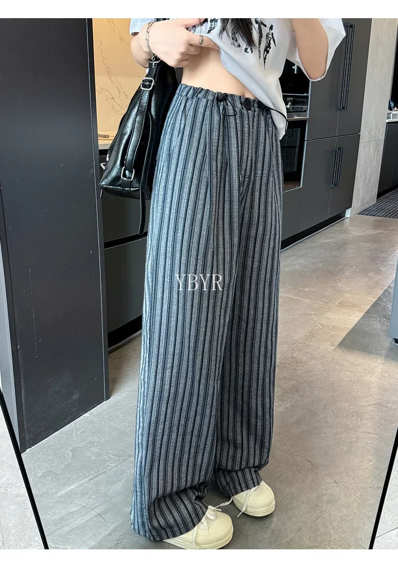 Vintage Striped Wide-legged Pants Women High Waist Pants Loose Drape Casual Straight Sweatpants Breathable Drawstring Trousers