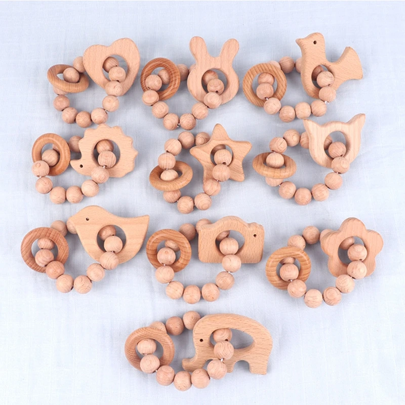 

Safety Beech Wood Baby Teethers Cartoon Wooden Beads Newborn Teething Bracelet Hand Grab Rattle Toys Baby Shower Gift