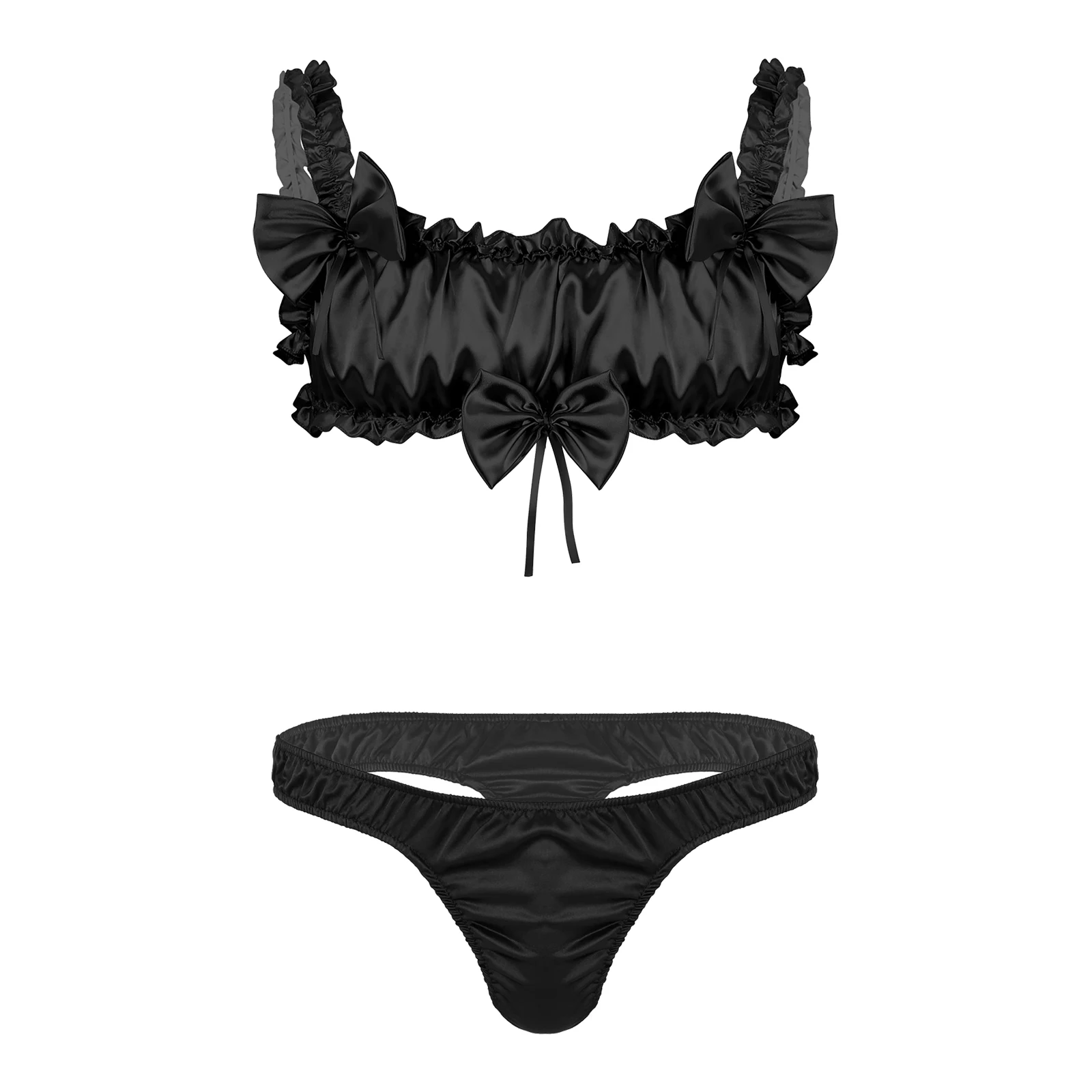 Sissy Crossdress-Ensemble de lingerie en satin pour hommes, sous-vêtements à volants, soutien-gorge à froufrous, string taille basse, ensemble de slips, vêtements de nuit, olympiques de même