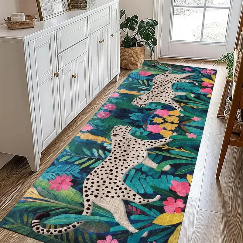 VIKAMA Jungle Animal Pink Leopard Runner Carpet Green Tropical Leaf Long Anti Slip Floor Mat For Hallway Bedroom Entry Decor