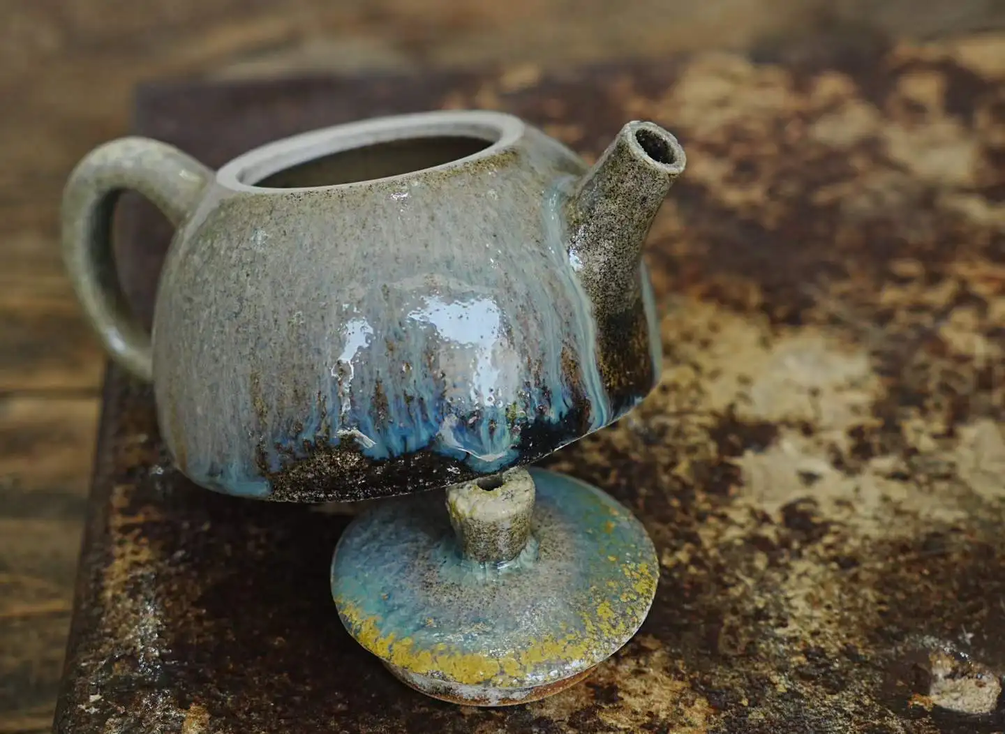 Handmade Jianshui Zitao Wood Fired Teapot, Unique Kiln Change Blue-Green Glaze, Pure Ancient Method, Gongfu Tea Maker, Collectib