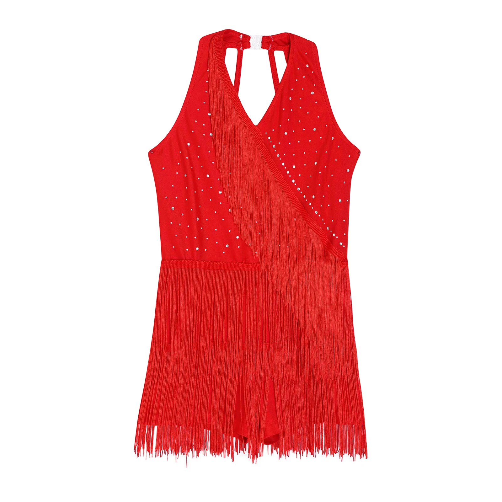 

Kids Girls Latin Jazz Dance Dress Princess Costume Rhinestones Fringe Skirted Leotard Dress Halter Sleeveless Tassel Jumpsuit