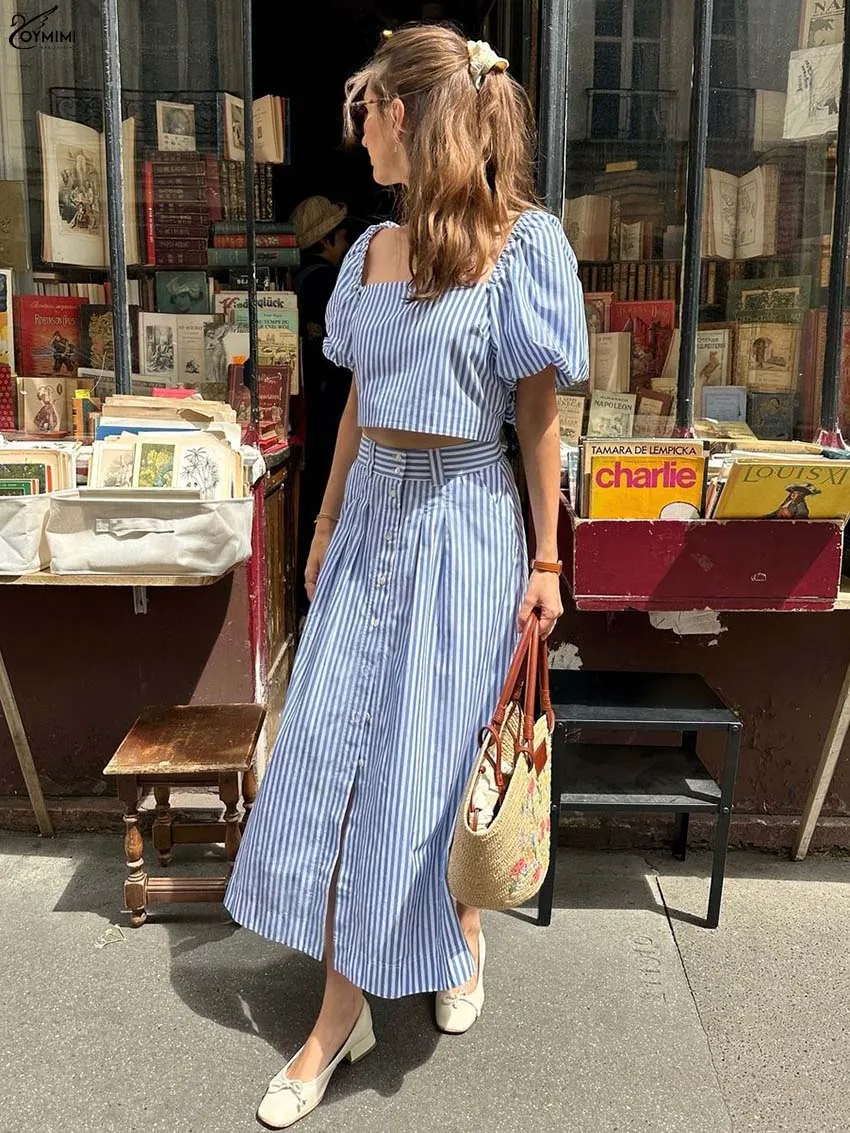 

Oymimi Elegant Blue Print Woman Two Piece Set Casual Square Neck Short Sleeve Lace-Up Crop Tops And Button Mid-Calf Skirts Sets