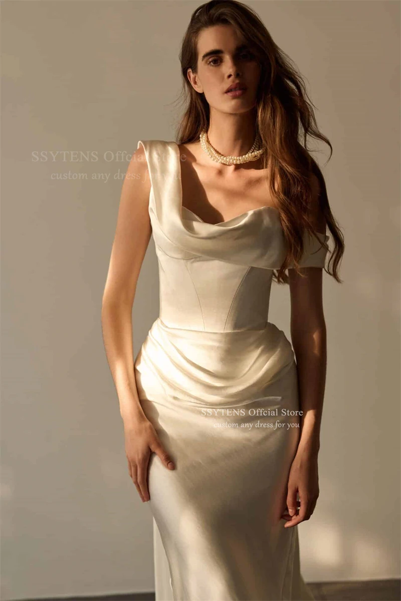 SSYTENS Elegant lvory Satin Wedding Dresses Off Shoulder Mermaid Bridal Gowns Elegant Sweep Train Women Bride Dress Customized