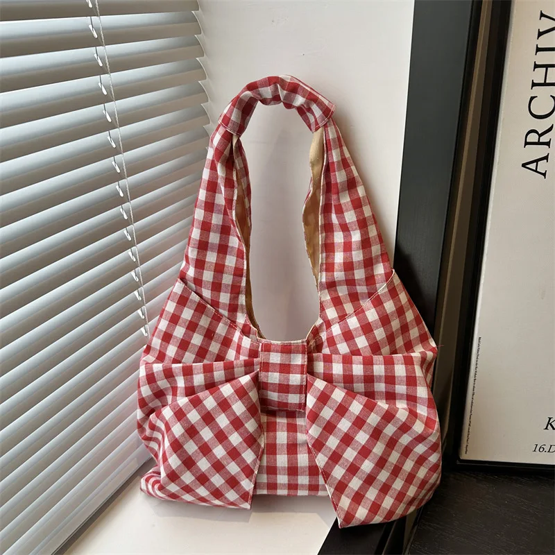Plaid Canvas Handbag Women Korean Bow Decoration Print Lightweight Tote Shoulder Bag Female Commute Travel Korean Handbags Bag